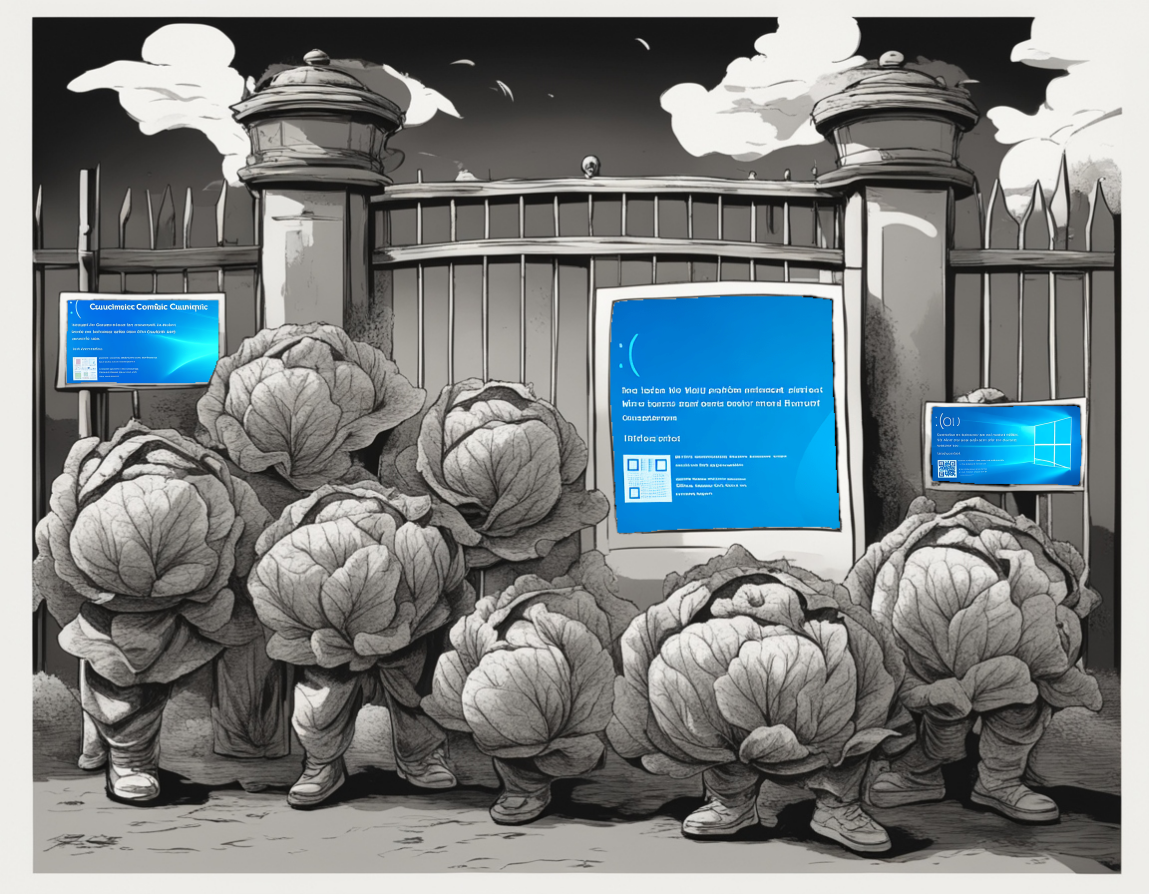 cabbages on strike with signs showing bluescreens